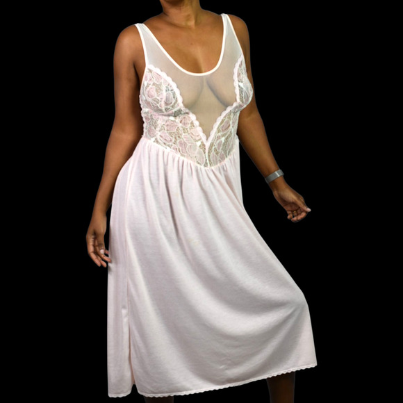 Vintage Victoria Secret Nightgown Pink Crown Catalog Knit Lace Mesh Sheer Medium - Picture 10 of 15